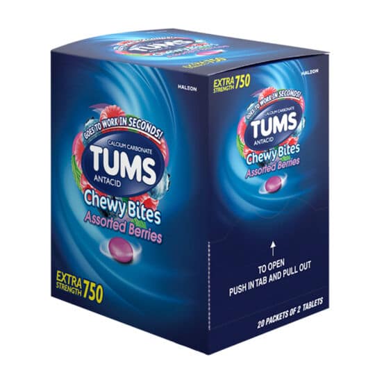 Tums Chewy berry flavored antacid in 2 pack dispenser box.
