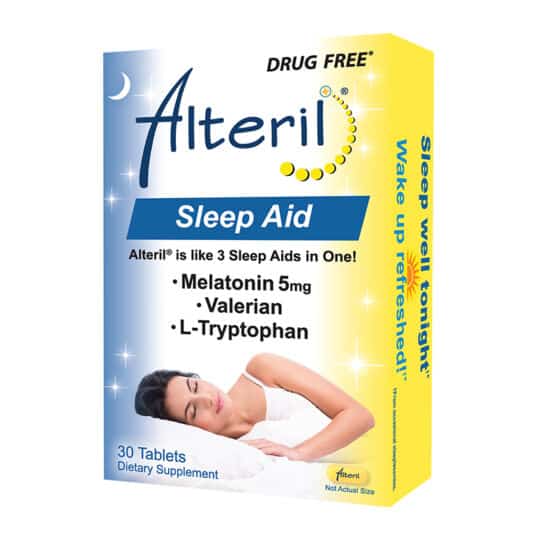 Alteril sleep aid 30ct tablets. Right angle view.