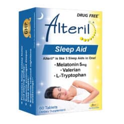Alteril sleep aid 60ct tablets. left angle view.