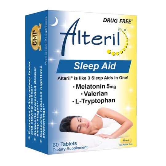 Alteril sleep aid 60ct tablets. left angle view.