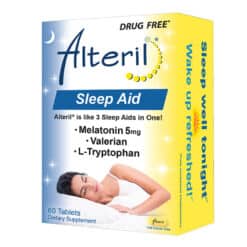 Alteril sleep aid 60ct tablets. Right angle view.