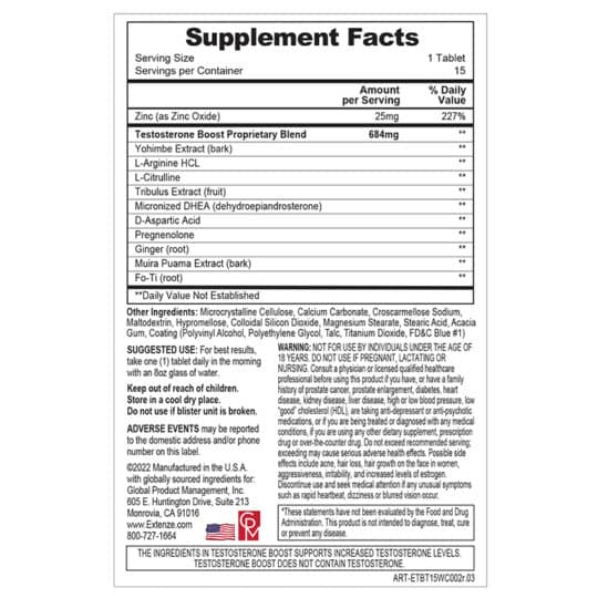 Extenze Testosterone Boost 15 count back panel supplement facts