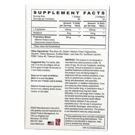Alteril sleep aid 60ct softgels showing back panel with supplement facts.