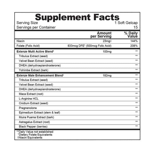 Extenze 15 count maximum strength gelcaps back panel supplement facts