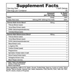 Extenze 30 count maximum strength gelcaps back panel supplement facts
