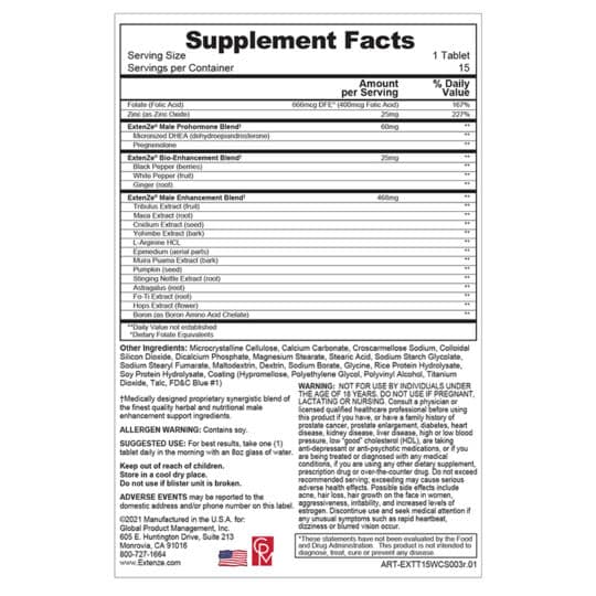 Extenze 15 count Original tablets box back panel supplement facts