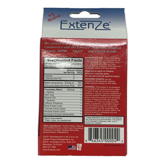 ExtenZe 2-pack Cherry liquid shots back panel supplement facts.