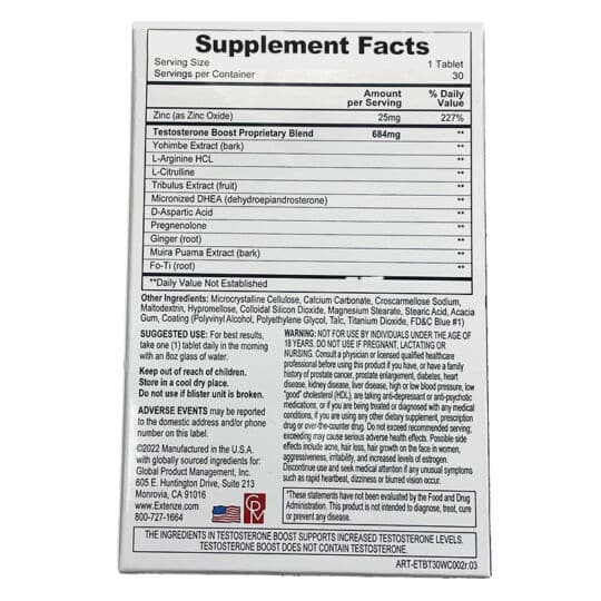 Extenze Testosterone Boost 30 count back panel supplement facts